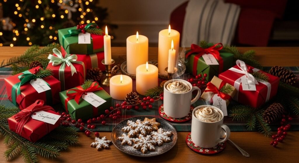 Cozy holiday table with gifts, candles, and cocoa