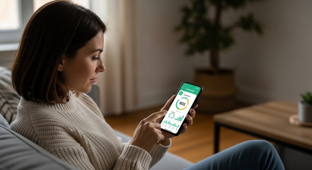 Woman checking credit score on phone