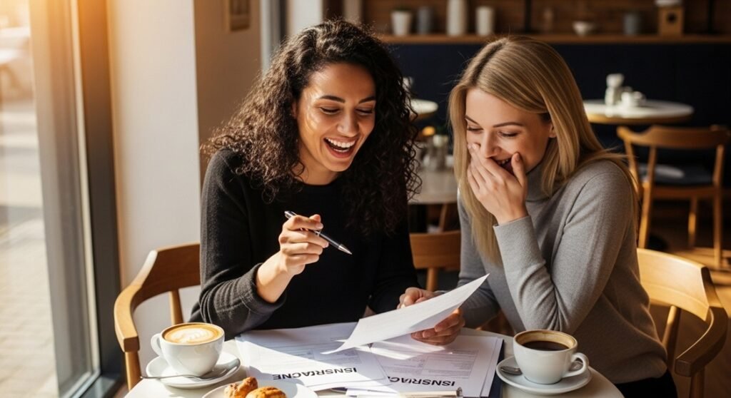 Two women laughing over coffee while reviewing insurance papers
