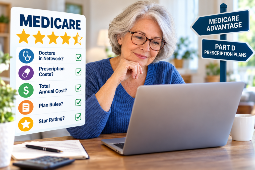 Older woman comparing Medicare plans on a laptop beside a checklist for doctors, prescription costs, total cost, plan rules, and Star Ratings.