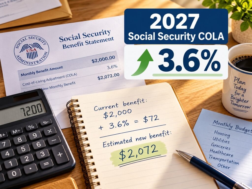 Reviewing a Social Security statement and calculating the 3.6% 2027 COLA increase on monthly benefits.