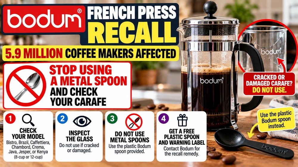 Bodum French Press recall warning showing replaceable glass carafe and no metal spoon use