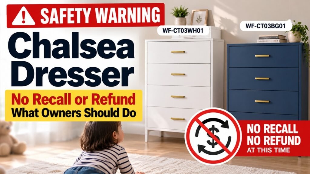 Chalsea dresser warning for models WF-CT03WH01 and WF-CT03BG01 with no recall refund remedy