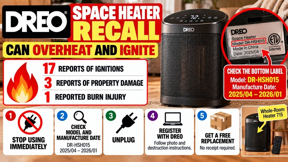 DREO DR-HSH015 space heater recall showing bottom label and manufacture date check