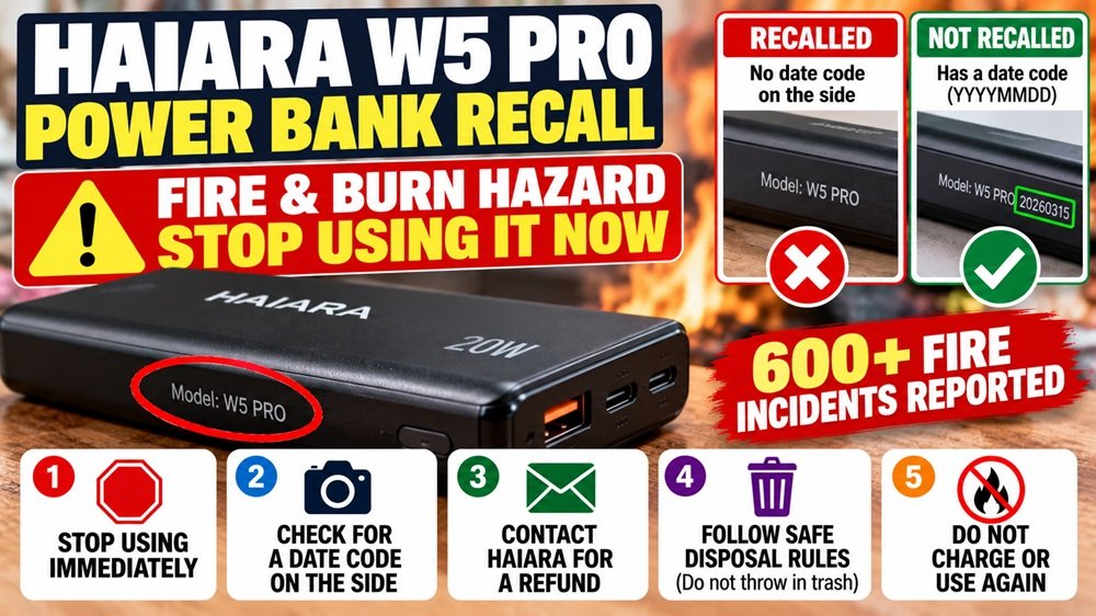 HAIARA W5 PRO power bank recall showing where to check for the missing date code