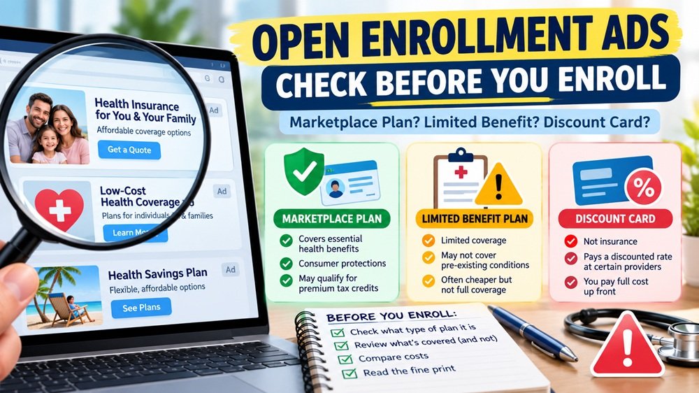 Health insurance Open Enrollment ad warning showing how to verify Marketplace coverage before enrolling