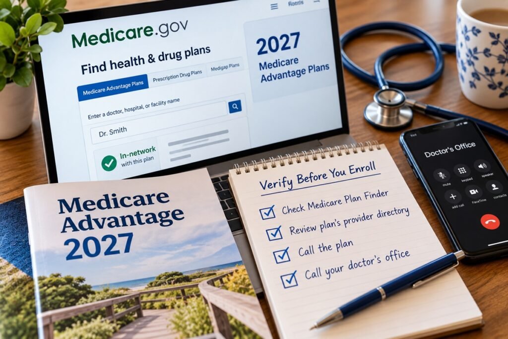 Medicare shopper verifying that a doctor is in-network with a 2027 Medicare Advantage plan before enrolling.