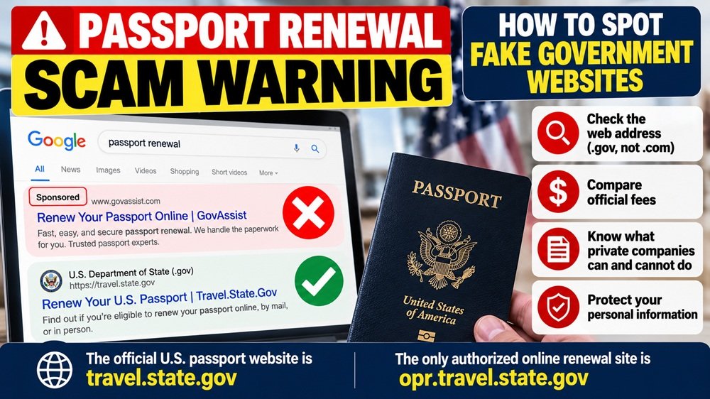 Passport renewal scam warning showing how to identify official U.S. government passport websites