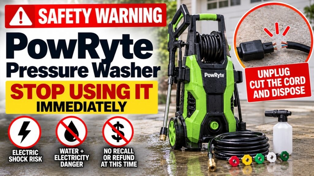 PowRyte pressure washer warning for shock and electrocution hazard