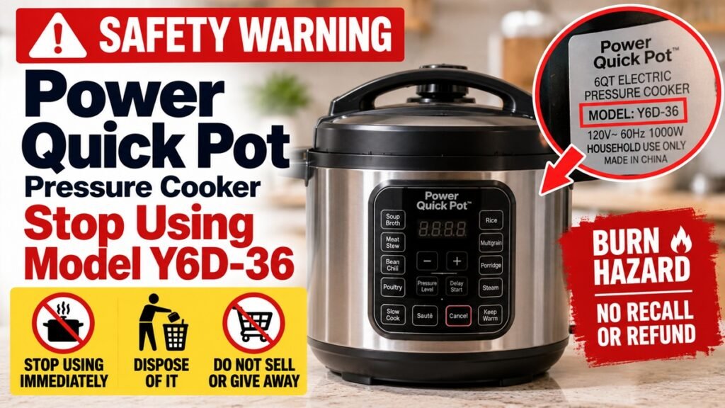 Power Quick Pot warning for 6-quart pressure cooker model Y6D-36 burn hazard