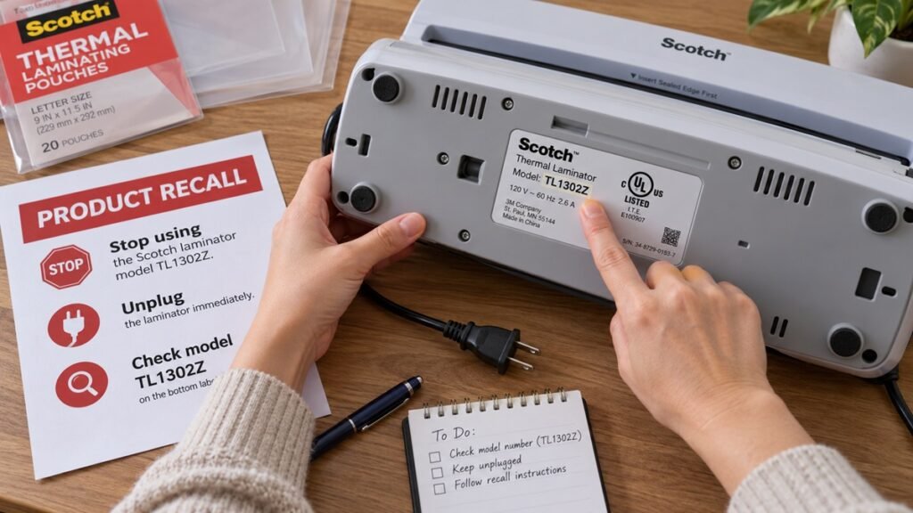 Scotch TL1302Z thermal laminator unplugged while the model number on its bottom label is checked after the recall.