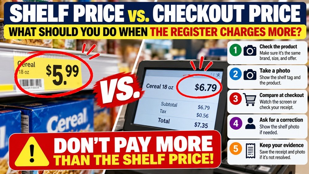 Shelf price versus checkout price showing what shoppers should do when the register charges more