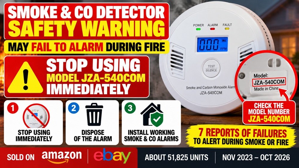 Smoke and CO detector warning for model JZA-540COM that may fail to alarm during a fire
