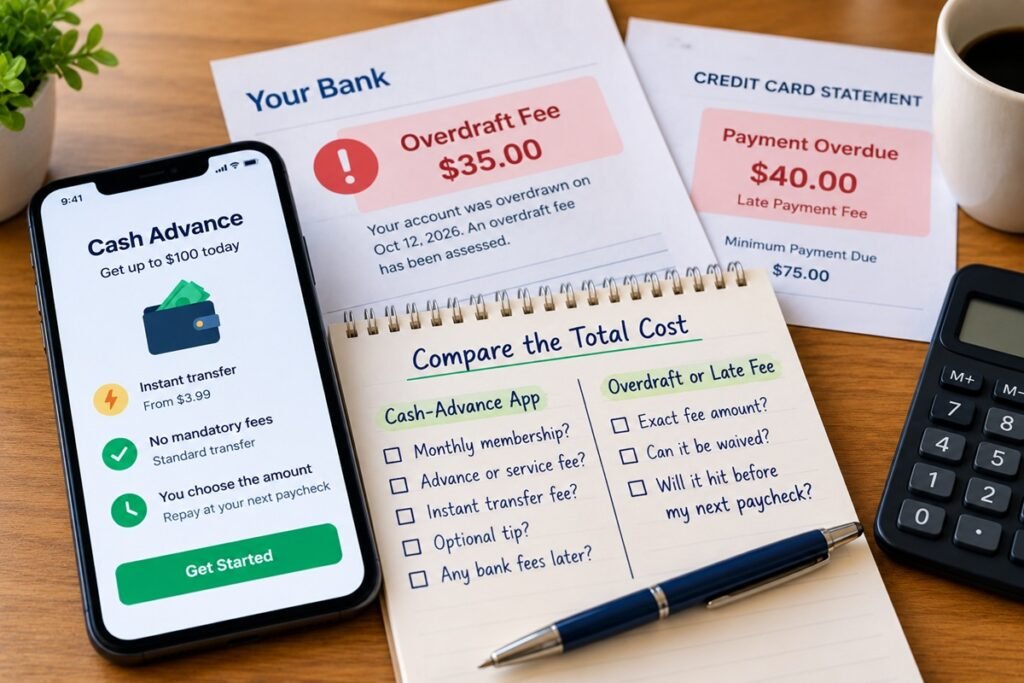 Phone showing a cash-advance app beside an overdraft notice and late-payment bill while the total fees are compared.